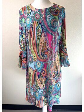 Tommy Hilfiger 70’s Retro Style Multi Color Paisley Bell Sleeve Hippie Dress Siz